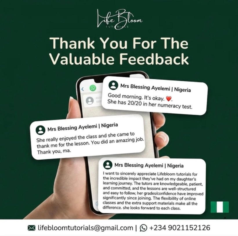 WhatsApp testimonials from Mrs Blessing Ayelemi in Nigeria: “She has 20/20 in her numeracy test.” “She really enjoyed the class and came to thank me for the lesson — you did an amazing job.” And a full review praising the knowledgeable, patient and committed tutors, and her daughter's improved grades and confidence.